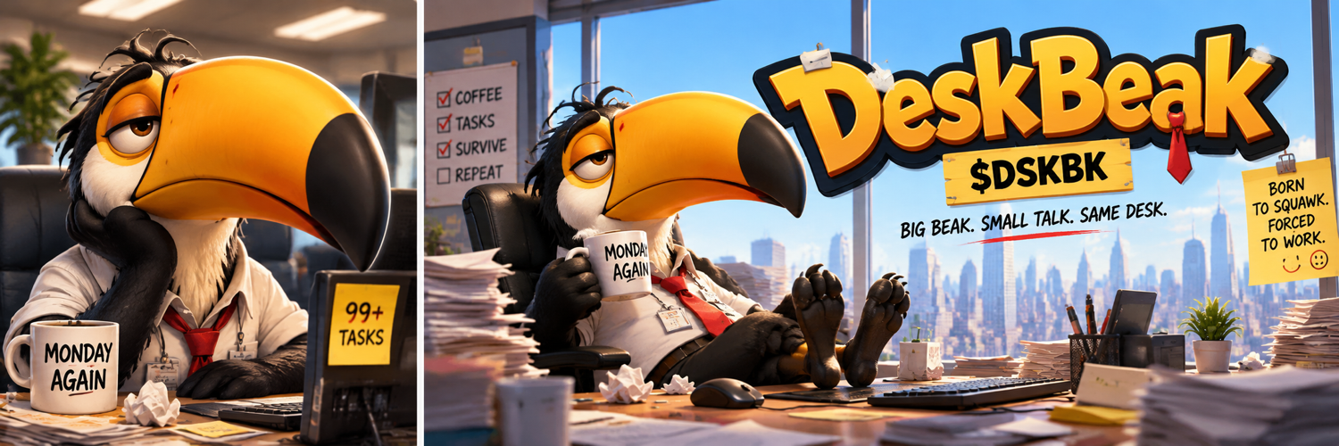DeskBeak at his office workstation, surrounded by the familiar chaos of another workday.